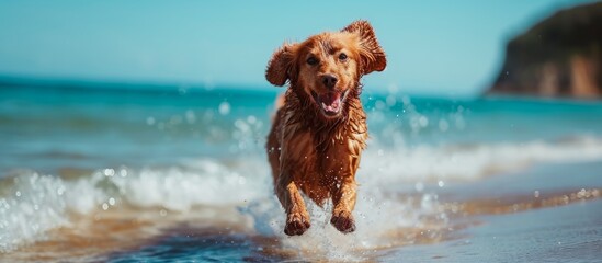 A lively Water Dog runs towards the camera, with the beautiful sea in the background.
