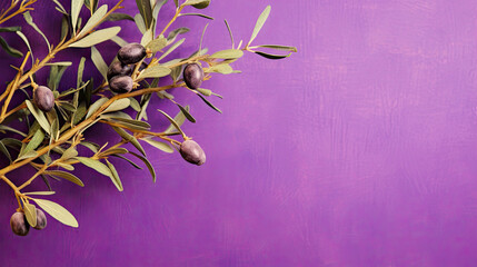 Olive tree branch with olives on a purple background