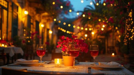 Fototapeta na wymiar A romantic dinner setting on a candlelit terrace, with a table adorned with flowers and fine dining cuisine