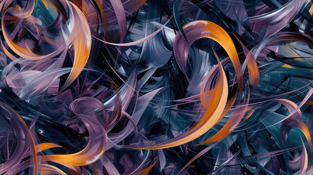  an abstract painting of purple, orange, and black swirls on a blue and purple background with white and orange swirls on the bottom of the image