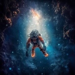 Astronaut Adrift in Cosmic Space with Distant Stars and Nebulae