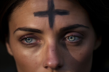 Woman with cross made from ash on forehead. Ash wednesday, faith, religious ceremony concept - obrazy, fototapety, plakaty