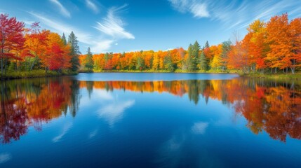 A serene lake reflecting the colors of autumn, surrounded by vibrant foliage ablaze with seasonal hues