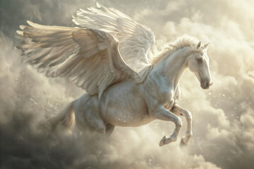Majestic Pegasus Soaring Through Clouds.
