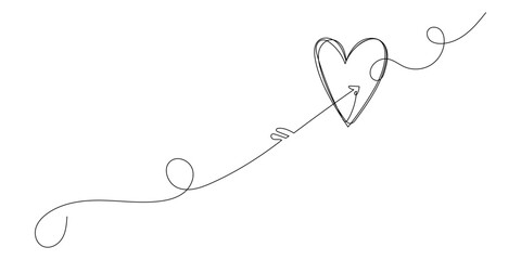 Line Art Arrow in Heart Shape Romantic Sketch Illustration. Love Relationship Theme. Doodle One Continuous Outline Editable Contour Silhouette Artwork. 