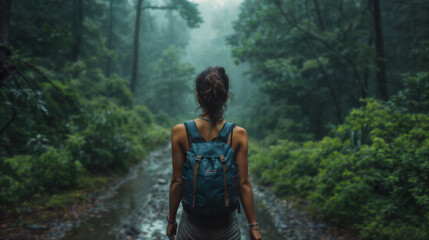 Obraz premium Hiker in Misty Forest Trail. Generative AI