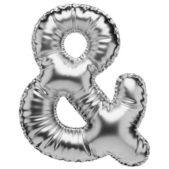 Ampersand mark. Silver 3d symbol in the shape of a balloon, isolated on a transparent background. An inflatable balloon of light silver color with a glossy texture.