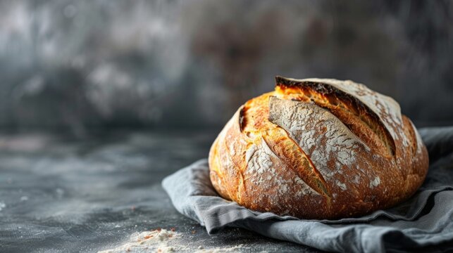 A rustic loaf of sourdough bread, crusty exterior giving way to a soft, chewy interior. large copyspace area