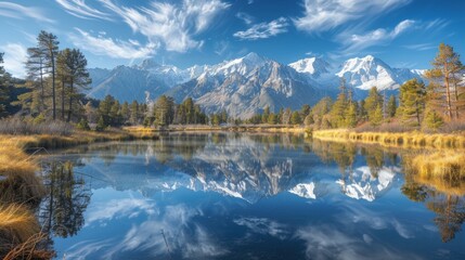A serene mountain lake, nestled among snow-capped peaks