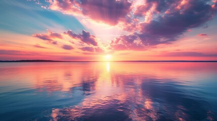 A picturesque sunset over a tranquil lake, with vibrant colors painting the sky and reflecting off the water