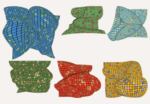 Set of Colored Geometric 3D computer modeled wire frame futuristic objects