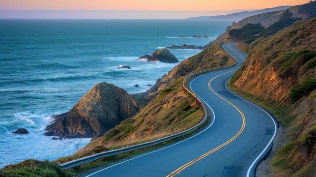 A scenic coastal drive, with winding roads hugging dramatic cliffs and offering sweeping ocean views