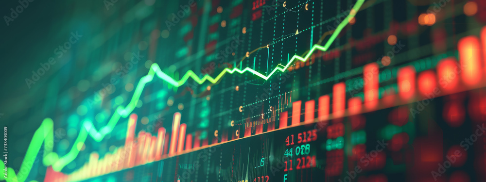 Poster digital graphical representation of a stock market with fluctuating graphs, numerical data, and upwa