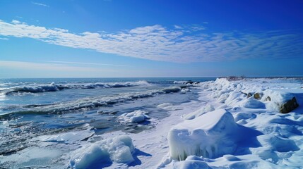  a beach covered in snow next to a body of water with waves coming in from the shore and a blue sky with wispy wispy clouds in the background.