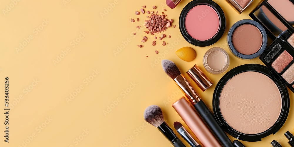 Wall mural Make-up products and accessories on yellow background