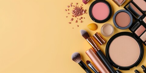 Make-up products and accessories on yellow background - obrazy, fototapety, plakaty