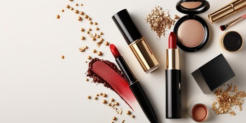 Make-up products and accessories on White background. Beauty, fashion and shopping blogger concept. Copy space banner