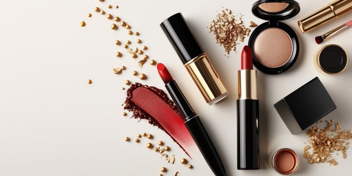 Make-up products and accessories on White background. Beauty, fashion and shopping blogger concept. Copy space banner