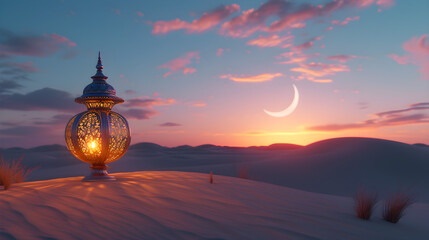 3d render of illuminated arabic lamp on sand dune and realistic crescent moon, islamic religious concept
