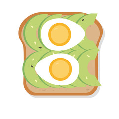 Avocado toast. Hand drawn flat illustration. Sandwich with avocado and egg isolated on a white background. Healthy breakfast stock illustration.