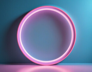 3d render, abstract minimal background, pink blue neon light round frame with copy space, illuminated stormy clouds, glowing ring geometric shape.