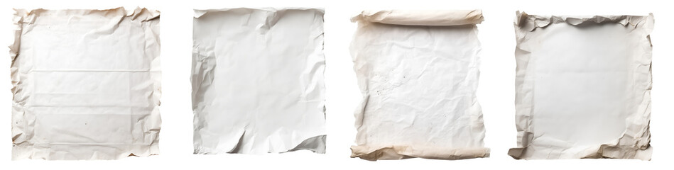 Obraz premium Collection set of white paper parchment, old torn crumple rip edges on transparent background cutout, PNG file. Many different design. Mockup template artwork graphic