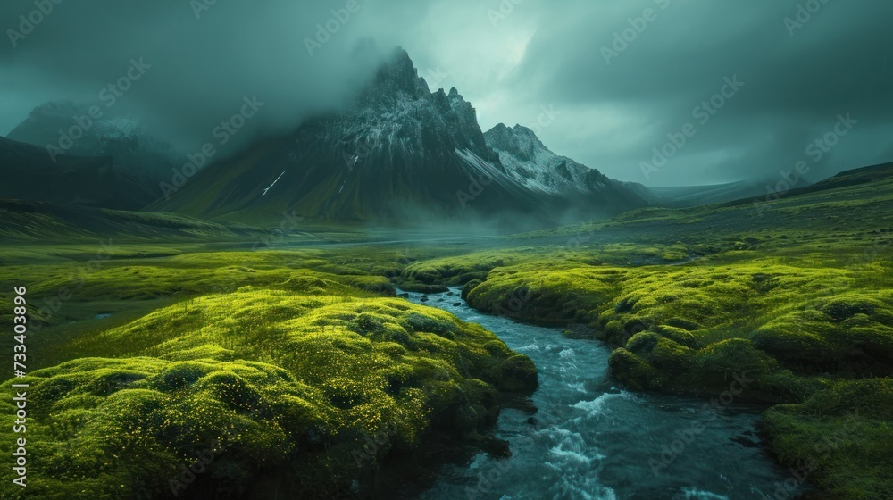 Poster  a stream running through a lush green field next to a tall mountain covered in snow and clouds in the distance, with a green grass covered hillside in the foreground.