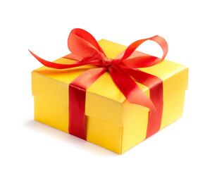 Gelbes Geschenk mit Roten Band isoliert auf weißen Hintergrund, Freisteller 