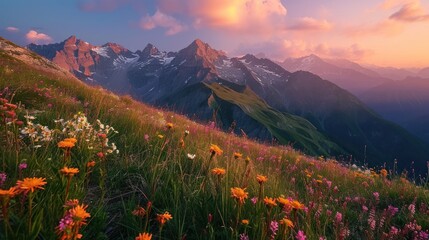  a field of wildflowers on the side of a mountain with snow capped mountains in the background in the distance is a pink sky with clouds and pink and yellow flowers in the foreground.