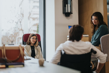 A team of three professionals collaborates in a bright office setting, conveying teamwork,...