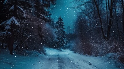  a snowy road in the middle of a forest with snow flakes on the ground and trees on either side of the road and on the other side of the road.