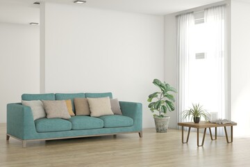 White living room with sofa. Scandinavian interior design. 3D illustration
