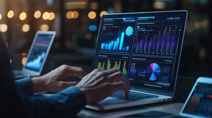 person's hands are seen typing on a laptop keyboard, with futuristic digital graphics of charts, graphs, and data analytics floating above the computer screen.