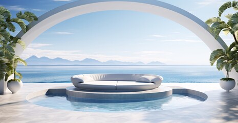 a white couch on a pool with water in the background