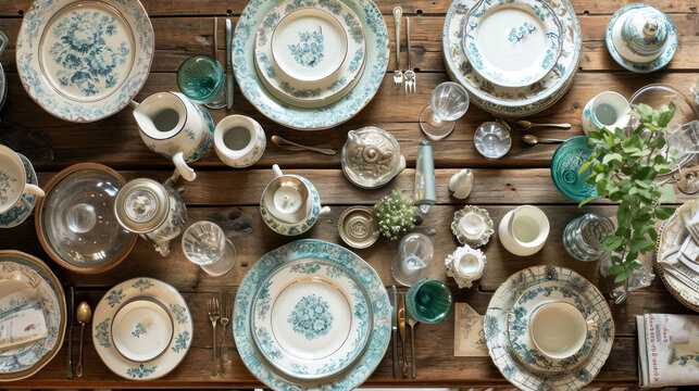  a wooden table topped with lots of blue and white plates and cups and saucers and a vase with a plant in the middle of the top of the table.