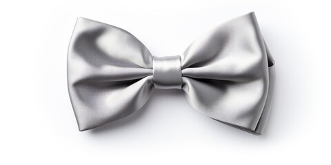 Silver bow on a white background. Top view, postcard shot. Generative AI