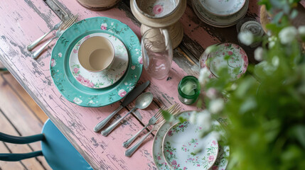  a table set for a tea party with plates, cups and utensils, and a potted plant on top of a pink table with pink and blue chairs.