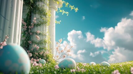Fantasy Easter setting complete with a magical entrance featuring white columns and a lush grassy field decorated with an array of colorful Easter eggs.
