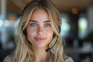 blond woman with headset working on a customer service looking in the camera.