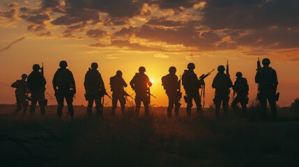 Silhouette of the group of soldiers with hidden faces with rifles posing for a photo, 