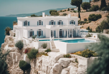 Traditional mediterranean white house with pool on hill with stunning sea view Summer vacation backg