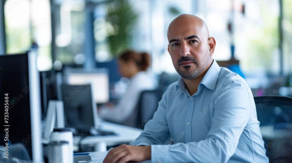 Poster confident individual at a workstation with multiple computer monitors in a modern office.