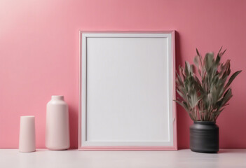 Vertial simple frame mock up on warm pink painted wall empty white board background