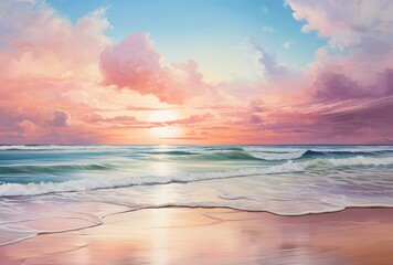 a beach with waves and a sunset - Powered by Adobe