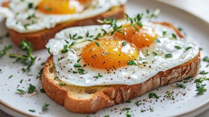  a white plate topped with two pieces of bread covered in an egg on top of an egg on top of an egg on top of an egg on a piece of bread.