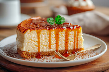 A delicious piece of caramel cheesecake.