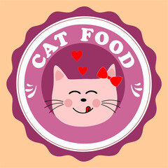 Cat food - logo. A cat with a red bow is happy. Logo in vector.