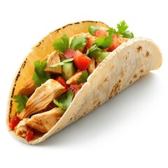 hard-shelled taco with chicken and vegetables isolated on a white background 