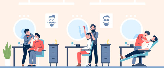 Male salon. Men in barbershop caring beards and hair. Professional barbers at work, haircutting and shaving customers. Recent vector scene