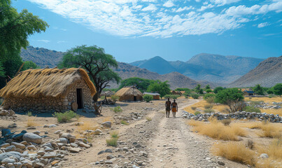 Himba village with traditional huts near Etosha National Park in Namibia - obrazy, fototapety, plakaty